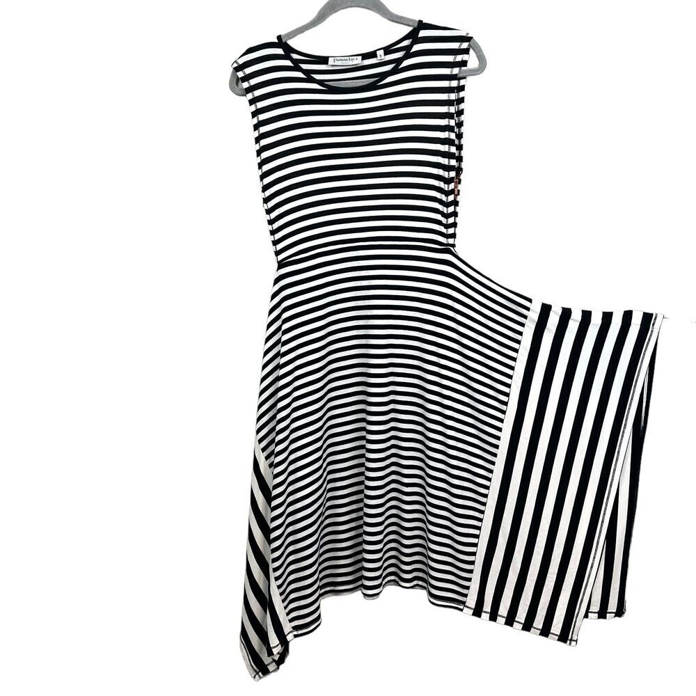 Patrizia Luca Stripe Midi Dress Stretch Striped Asymmetric Hem Sleeveless Sz S* - Picture 4 of 7